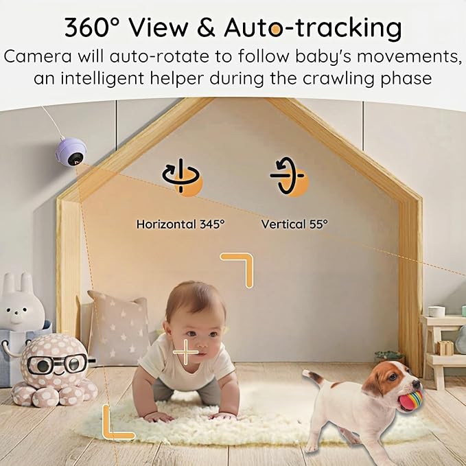 BOIFUN 2K Split-Screen 5 Inch Wi-Fi Baby Monitor with 2 360° Cameras, AI Motion & Sound & Humidity & Temp Detection, Auto Tracking Via Smartphone App and Monitor Control, Infrared Night Vision