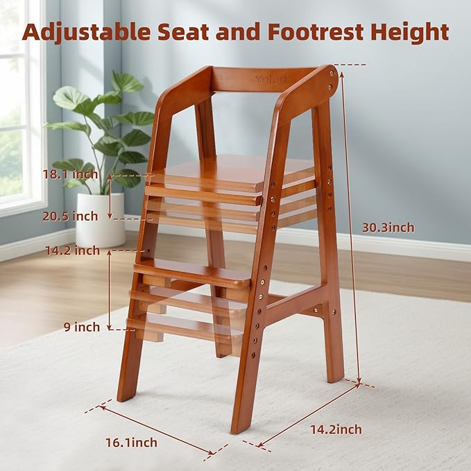 Yoleo Wooden High Chair for Toddlers to Teens, Adjustable Dining Feeding Chair with Steps Grows with Child, Max 60kg (Nut-Brown)