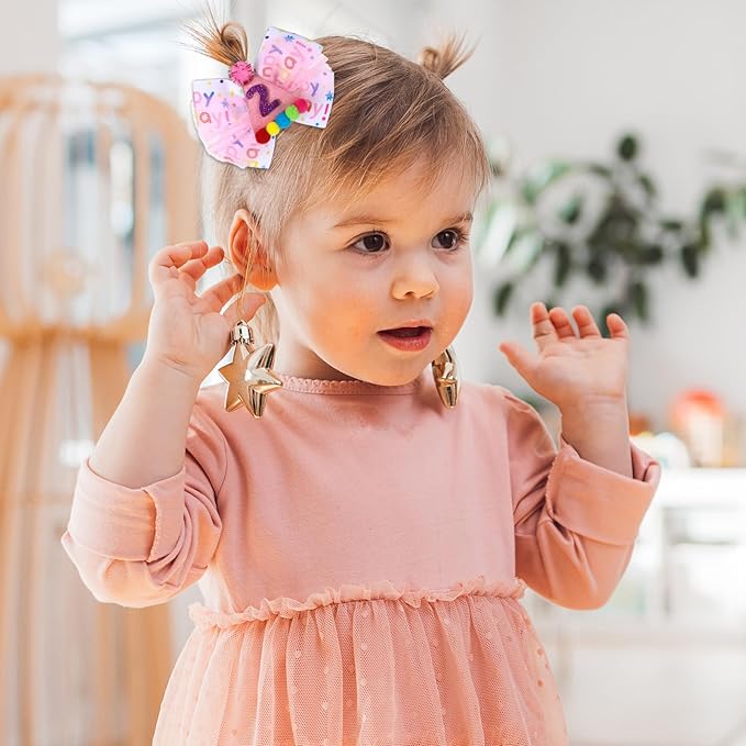 Birthday Hair Bow for Baby Girls 1 2 3 4 5 6 Year Old Sprinkle Hair Clips Happy Birthday Decorations for Girls Toddlers With Pom-Poms Ice Cream Candy Party Pink Hair Accessories for 2nd Sweet Party