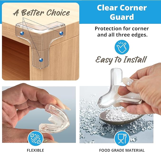 Furniture Corner & Edge Safety Bumpers, 16ft Edge Protector & 4 Clear Corner Protector Baby Proofing. Clear Corner Guards for Corner Table Protector for Kids. Cabinet Edge Protector & Corner Bumpers