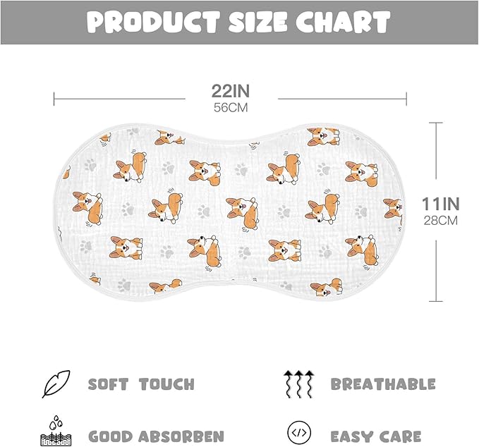 2 Pack Muslin Burp Cloths Cute Corgi Dogs White Cotton Baby Burp Cloths Extra Absorbent and Soft Thick Burping Cloth for Newborn Boys Girls 22x11 Inch