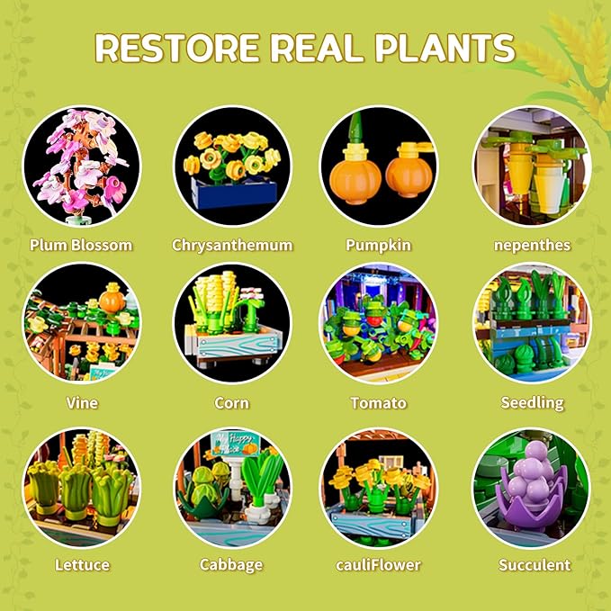 FUNWHOLE Botanical-Garden Greenhouse Lighting Building-Bricks Set - Farm Flower House Collection LED Light Model Display Set 1428 Pcs for Adults and Teens