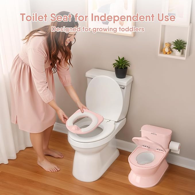 2-in-1 Toddler Potty Training Toilet - Larger Potty Chair & Detachable Training Seat for Boys & Girls Ages 1-3 with Flushing Sound, Wipes Storage, Toilet Paper Holder