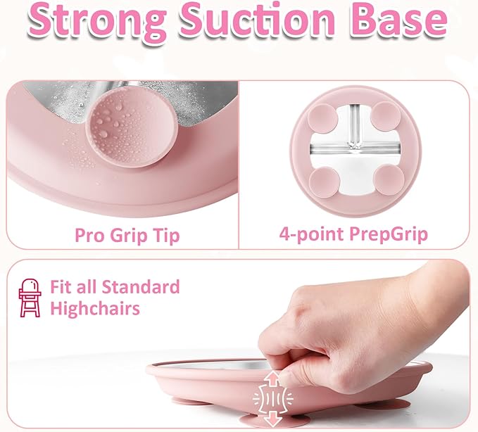 Stainless Steel Baby Plate with Suction, 9” Divided Toddler Plates with Removable Silicone Sleeves for Kids, Non-Toxic Non-Slip Unbreakable Dishwasher Safe Dinnerware Set of 2, Pink & Beige