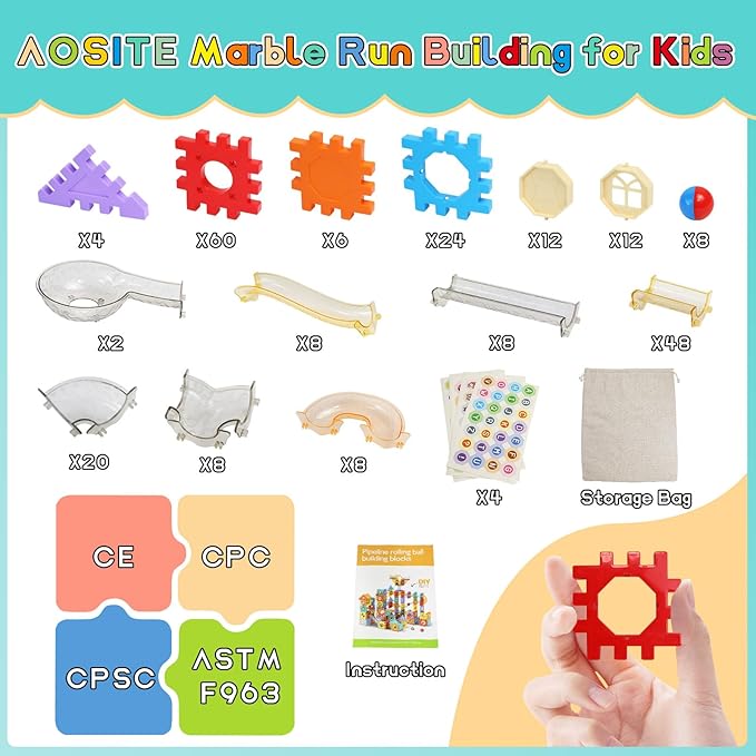 STEM Building Learning Toy, AOSITE 234PCS Marbles Run Kid Gift, Educational Race Track Construction Building Block for 5 6 7 8 9 10 11 12Years, Creative Marble Run Games Boy Girl Birthday Xmas Present