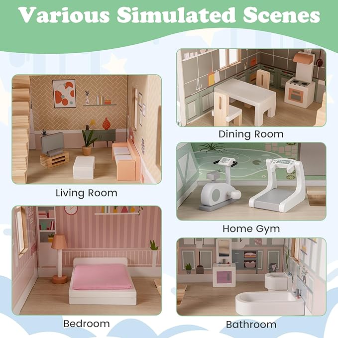 Costzon Wooden Dollhouse for Kids, 3-Level Dollhouse Playset with Double-Sided Roofs, 19 Furniture & Accessories, 5 Rooms, Pretend Play Toddler Doll House, Gift for Kids Aged 3+ (Multicolor)