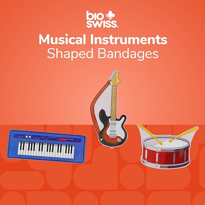 BioSwiss Bandages, Musical Instruments Shaped Self Adhesive Bandage, Latex Free Sterile Wound Care, Fun First Aid Kit Supplies for Kids and Adults, 24 Count