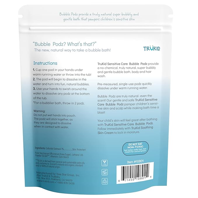 TruKid Bubble Podz Bubble Bath for Kids, Toddlers, & Babies, NEA-Accepted for Eczema, Gentle Refreshing Colloidal Oatmeal Bath Bomb for Sensitive Skin, pH Balanced, Tear Free, Unscented (60 Podz)