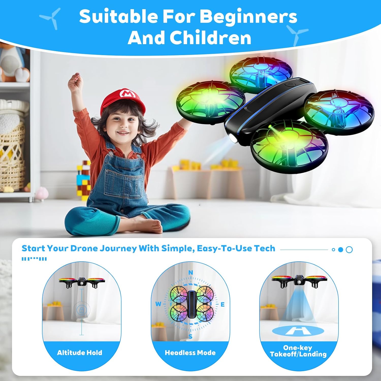 RC Drone for Kids and Beginner, Small RC Quadcopter with Lights and 3D Flip, Altitude Hold, Headless Mode, Propeller Full Protect, Easy to Fly Toys Drone for Kids Boys and Girls Gift (Black)