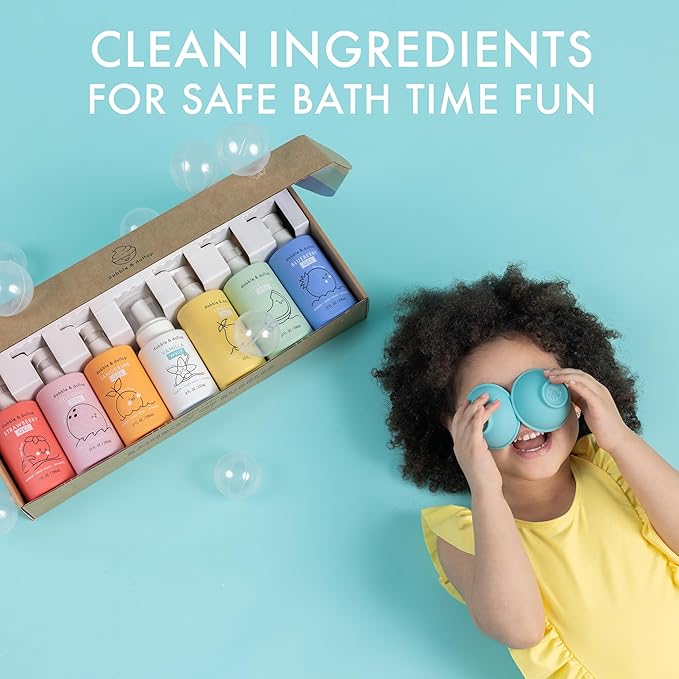 Dabble & Dollop Rainbow of Bubbles – Natural 4-in-1 Bath Set for Kids, Includes Bubble Bath, Body Wash, Shampoo, No Parabens/Sulfates, Vegan, Gluten-Free, Tear-Free (7-Pack)