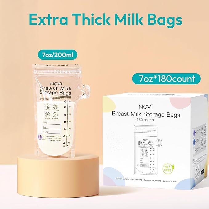 NCVI Breastmilk Storage Bags, 180 Count Milk Storage Bags for Breastfeeding, 7oz Breast Milk Storage Bags with Temp-Sensing, Doubled-Sealed, Hygienically, Self Standing, Easy Pour Spout, BPA Free