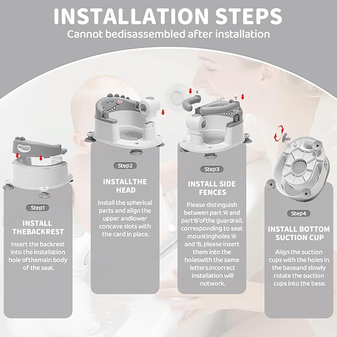 TPN Baby Bath Seat for Babies 6 Months & Up, Non-Slip Toddler Bath Seat with 5 PCS Waterproof Emoji Stickers, Portable Infant Bath Seat for Baby(Grey)