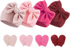 BQUBO Newborn Baby Hats Mittens Set Hospital Hat Beanie Infant Bow Hats Baby Gloves No Scratch Mittens for 0-6 Months