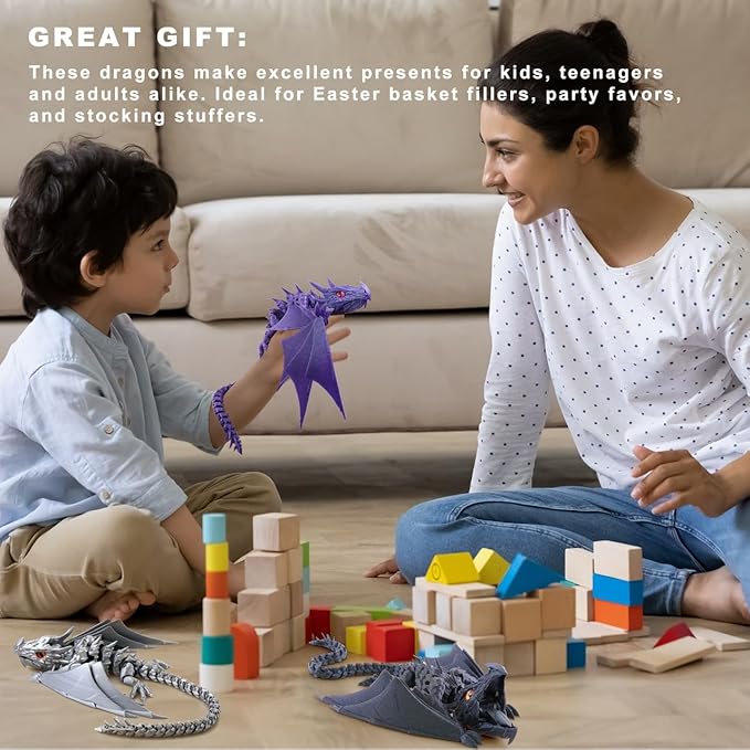 3D Printed Dragon with Wings, Fidget Dragon Toys, 3D Printed Animals, Flexible Articulated Winged Crystal Dragon Model,Home Office Decor Desktop Pet(Gradation Purple)