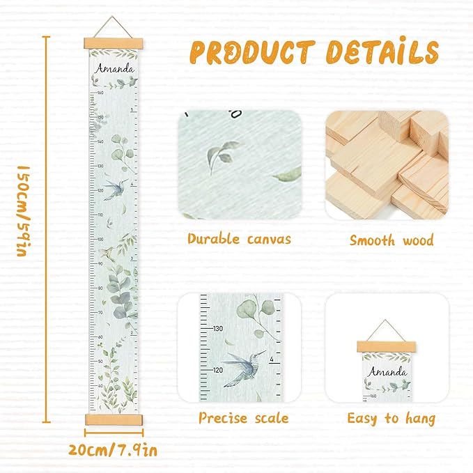 Personalized Name Growth Chart for Wall, Eucalyptus Leaves Canvas Height Chart for Kids Baby Child Toddler Boys Girls, Canvas&Wood Growth Chart for Wall Room Nursery Decor,Easy Care