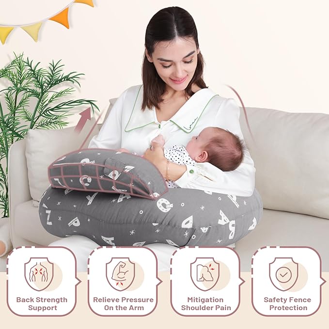 Plus Size Breastfeeding Pillow for Ergonomic Comfort & Support, Easier Nursing, Fit, Removable Cover, Machine Washable, Letter Pattern(Grey)