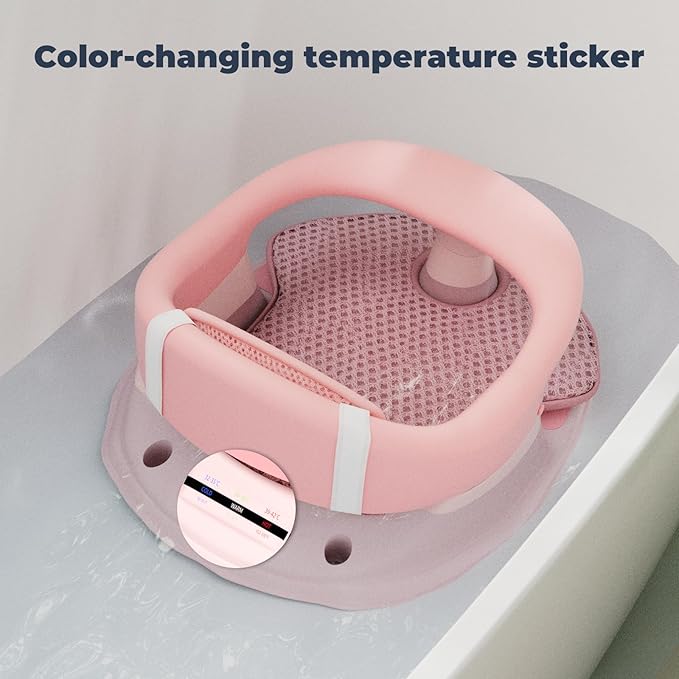 Baby Bath Seat-for Babies 6 Months & up with Temperature Alert+Soft Cushion+Suction, Toddler Bath Seat for Baby, Sitting Up with Baby Bathtub Seat, Pink
