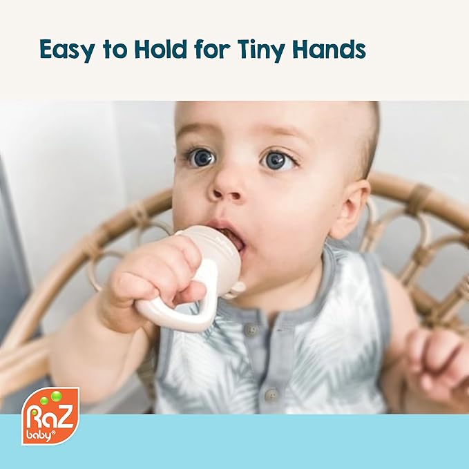 RaZbaby Baby Solids/Frozen Fruit Feeder Pacifier, Infant Teether Toy 6M+, BPA-Free, Safely Introduce Solids, Natural Teething Relief, Dishwasher Safe, Freezable – Grey & Tan 2-Pack