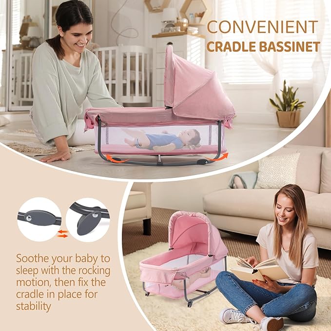 JOYMOR 7 in 1 Bedside Bassinet with Changing Table, Baby Girl Bassinet, Pink Bedside Sleeper with Mattress, Sheet, Canopy, Storage Shelf