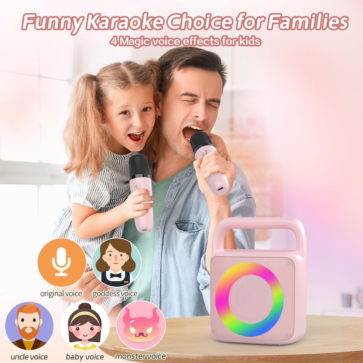 Karoke Machine with 2 Wireless Mics,Portable Karaoke Microphone Toys with Colorful Lights and Magic Voices for Camping Party, Birthday Gift for Boys Girls Teenages Adults