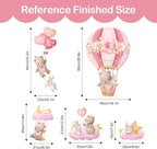 Tanlaby Pink Hot Air Balloon Wall Stickers Cartoon Bear Rabbit Stars Heart Wall Decals Peel and Stick Art Decor for Girls Bedroom Baby Nursery Kids Playroom Classroom