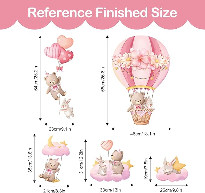 Tanlaby Pink Hot Air Balloon Wall Stickers Cartoon Bear Rabbit Stars Heart Wall Decals Peel and Stick Art Decor for Girls Bedroom Baby Nursery Kids Playroom Classroom