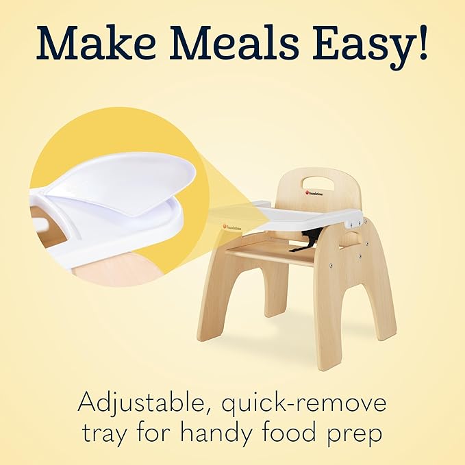 Foundations Easy Serve Low Wood Feeding Chairs Multipack, Adjustable Harness, Removable Dishwasher Safe Tray, No-Tip Base, Stackable Toddler Chairs, 2 Pack (5 inch)
