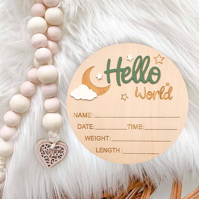 Baby Announcement Sign, 5.9 Inch Wooden Hello World Newborn Signs, Birth Announcement Sign and Pen, Moon and White Cloud Decoration, Welcome Newborn Arrival to World, Hospital Nursery for baby (Green)