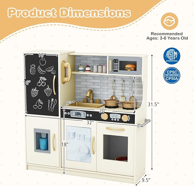 HONEY JOY Kids Kitchen Playset, Wooden Little Chef Pretend Toy Kitchen Set w/Chalkboard, Telephone, Utensils, Oven, Microwave, Sink, Storage, Play Kitchen for Toddlers Boys Girls, Cream