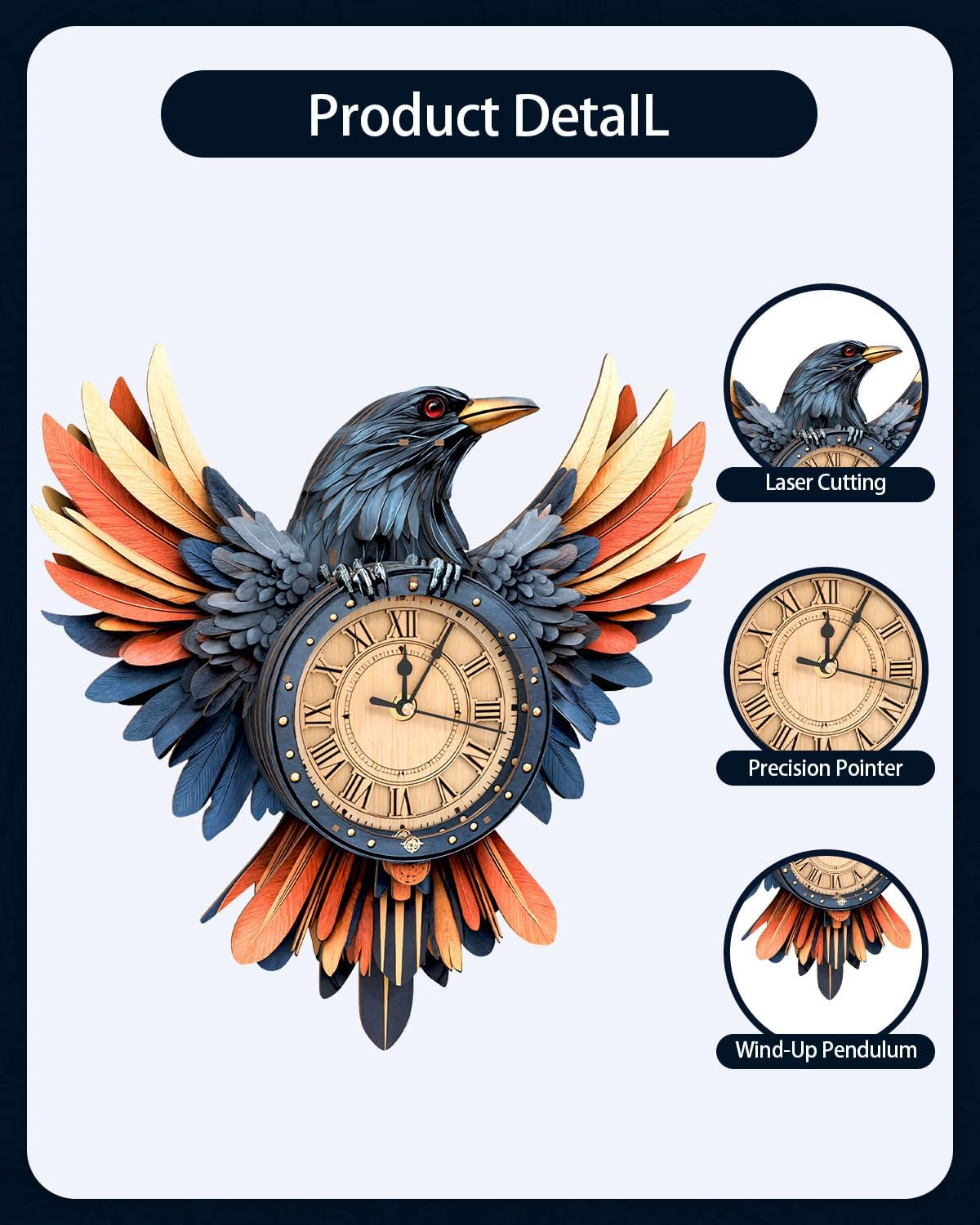 3D Wooden Puzzles for Adults,3D Puzzles for Adults Raven DIY Wall Clock Kit with Pendulum, 34 Pieces 3D Wooden Puzzles,Creative Gift Idea for Teens & Adults