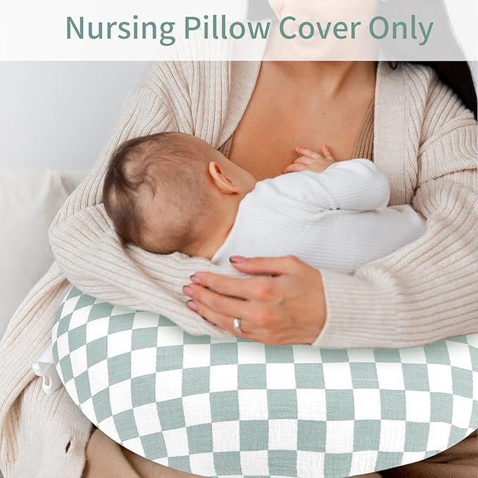 SWESEN Muslin Nursing Pillow Cover, Soft Removable Cover for Breastfeeding Pillows, Pillow Slipcover for Baby Boys and Girls, Comfortable & Breathable, Green Plaid, (Only Cover)