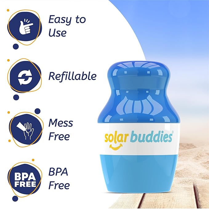 Solar Buddies Bag Bundle & Carabina Clip - Full Blue - Refillable Roll on Sponge Sunscreen, Suncream & Lotion Applicator For Kids, Adults & Families - Holds 3.4fl oz, Perfect Size for Travel