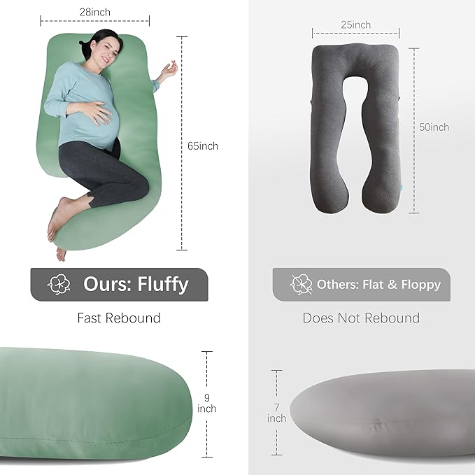 MOON PARK Pregnancy Pillows for Sleeping - U Shaped Full Body Maternity Pillow with Removable Cover - Support for Back, Legs, Belly, HIPS - 65 Inch - Green - Cooling Cover