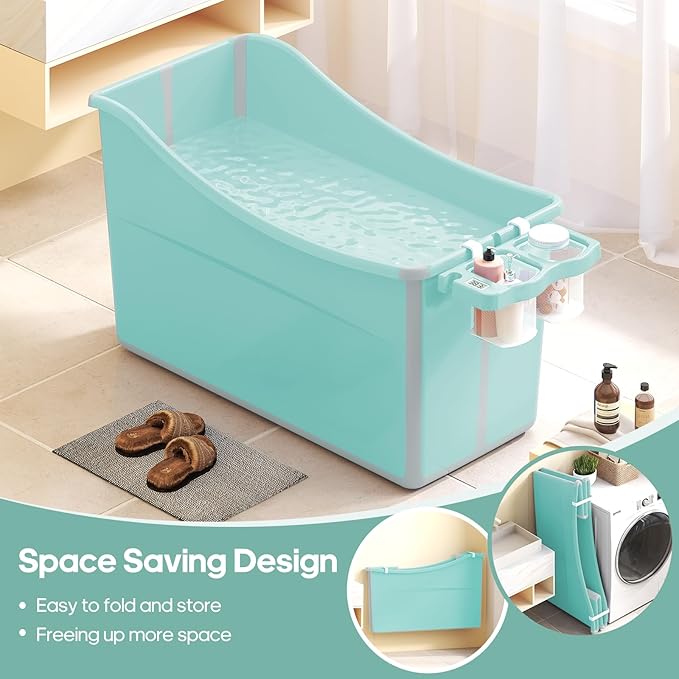 Collapsible Baby Bathtub Foldable Bathtub for Toddler Portable Large Foldable Bath Tub Bathtub for Kids Petite with Thermometer and Storage Basket (Green)