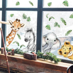 22.44 x 21.25 Inch Watercolor Jungle Animal Window Clings Tiger Lion Elephant Zebra Window Stickers Double-Side Safari Animal Window Stickers for Baby Nursery Playroom Bedroom Window Glass Wall Decor