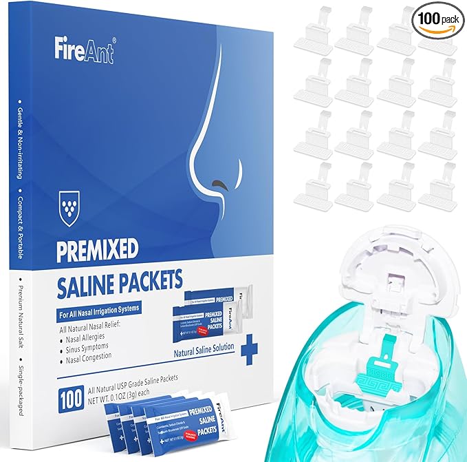 FireAnt 100 Saline Packets and 16 Pack Silicone Saline Pods Refills Set, Compatible with Navage Nasal Care — Includes 100 Count Salt Packets Sinus Rinse + 16 Reusable Salt Pads in White
