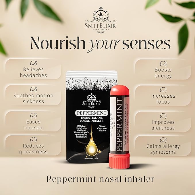 Peppermint Inhaler Nasal Stick - Aromatherapy Nasal Inhaler, Portable Nose Inhaler Stick, Non Drowsy Motion Sickness Stick with Peppermint Essential Oil, Aromatherapy Inhaler Stick, Aroma Inhaler