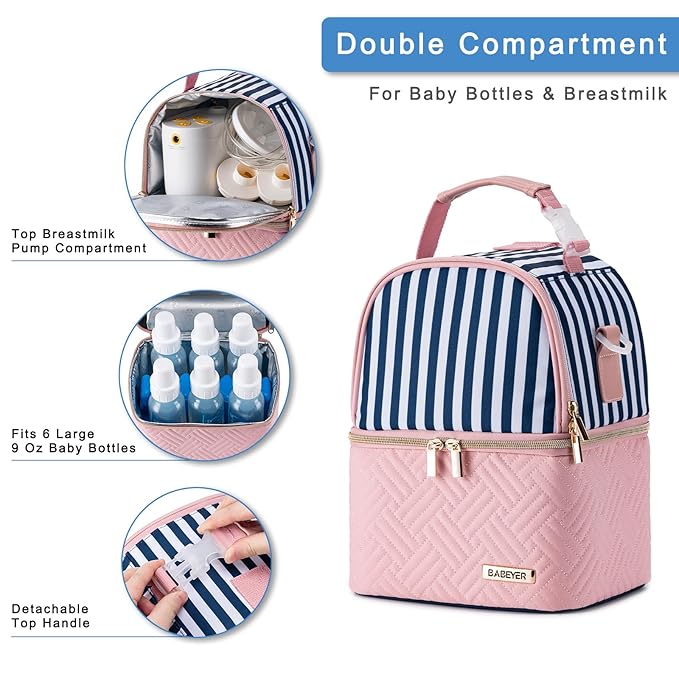 Breastmilk Cooler Bag with Ice Pack Fits 6 Baby Bottles up to 9 Ounce, Breast Milk Pump Cooler Bag with Shoulder Strap for Nursing Mom Daycare, Work, Travel- Straps