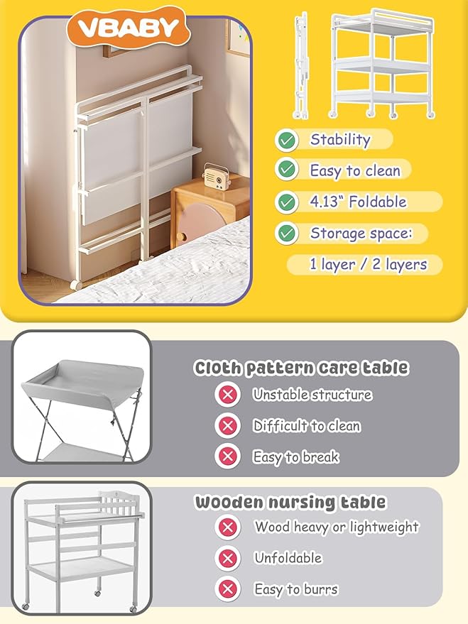 VBABY Foldable Baby Changing Table with Wheels, Certified Diaper Changing Station with Storage Drawers, 3 in 1 Portable Compact Diaper Table for Nursery, White