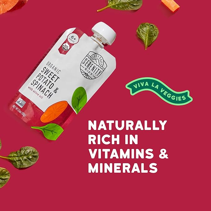 Serenity Kids 6+ Months Veggie Puree Baby Food Pouches - USDA Organic - No Sugary Fruits or Added Sugar - Allergen Free - 3.5 Oz BPA-Free Pouch - Sweet Potato & Spinach - 6 Count - Sweet Potato Puree