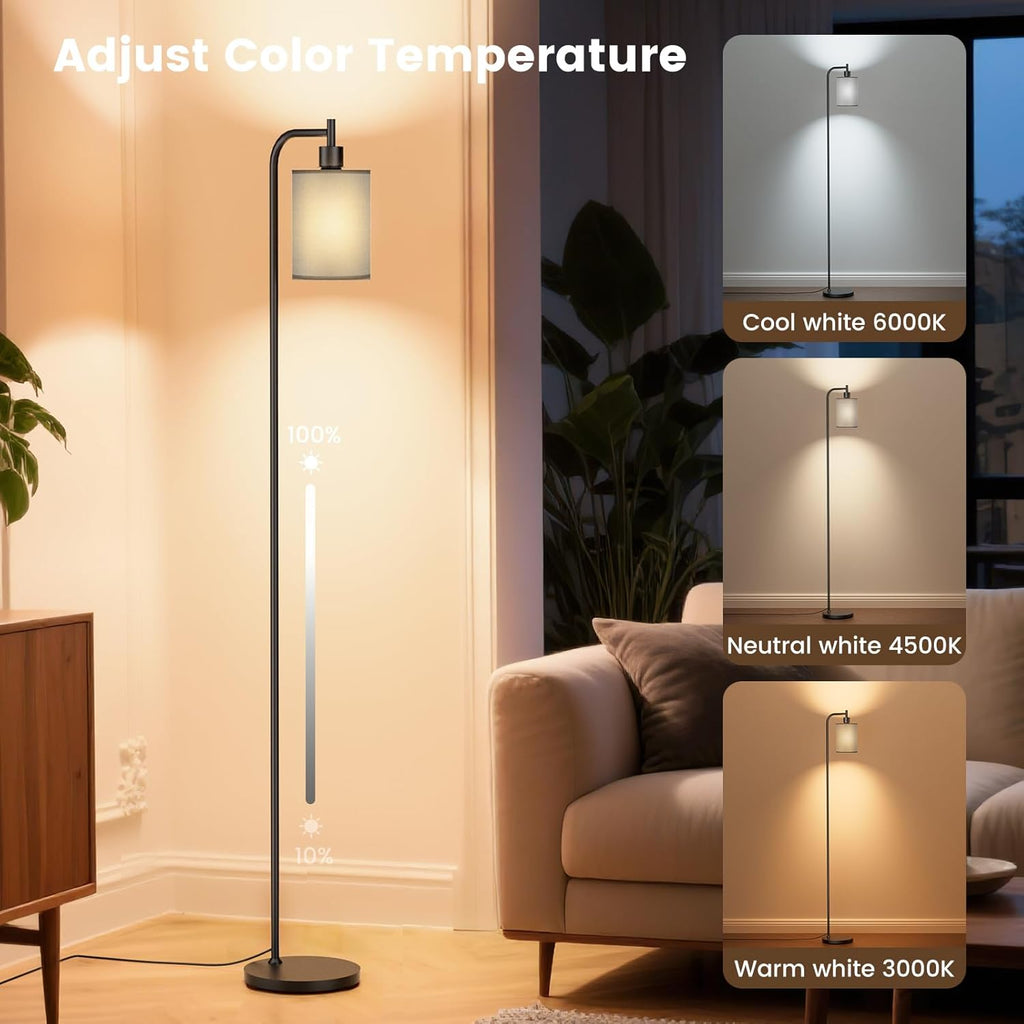 Floor Lamp with Linen Shade, Dimmable Tall Standing Lamp with Remote Control & 3 Color Temperatures, Modern Floor Lamps for Living Room Bedroom Office Corner, 9W LED Bulb Included