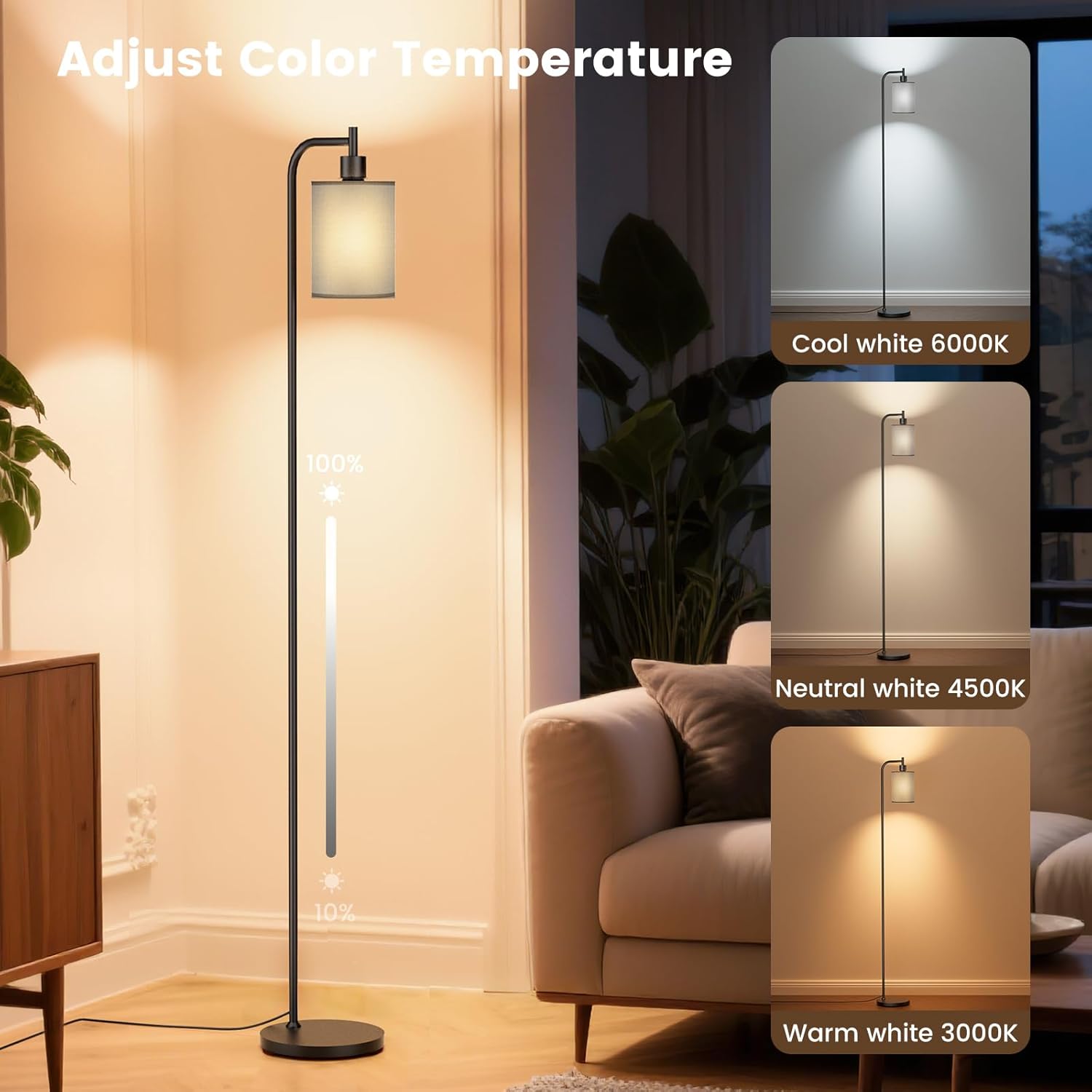 Floor Lamp with Linen Shade, Dimmable Tall Standing Lamp with Remote Control & 3 Color Temperatures, Modern Floor Lamps for Living Room Bedroom Office Corner, 9W LED Bulb Included