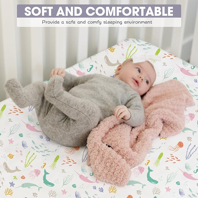 Bimocosy Crib Sheets for Boys Girls, Fitted Crib Sheet 4 Pack for Standard Crib and Toddler Mattresses, Super Soft Breathable Microfiber Baby Sheet 28x52x8in, Ocean World/Milky Green/Seashell/Blue