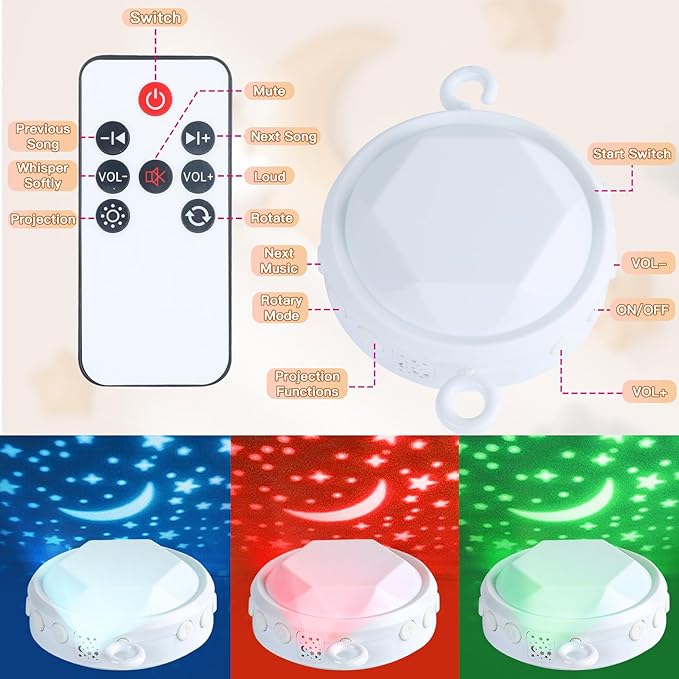 VZO Baby Crib Mobile with Music and Lights, Mobile for Crib with Remote Control, Rotation, Starlight Projection, Crib Toys for Babies Boys Girls Gray