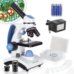 AmScope M162C-2L-PB10-WM"Awarded 2018 Best Students and Kids Microscope Kit" - 40X-1000X Dual Light All Metal Microscope with Slides and Microscope Book, Blue