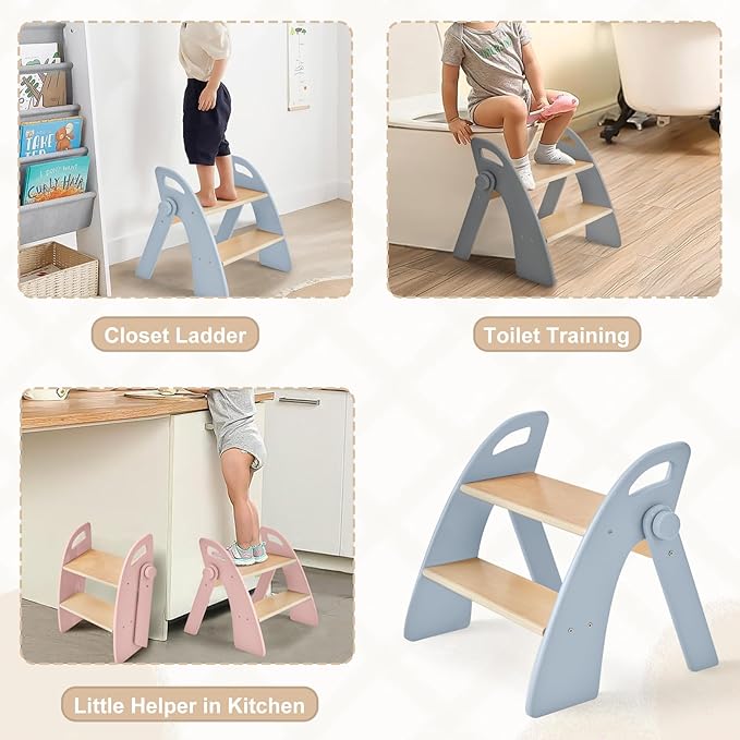 Wooden 2 Step Stool for Kids Bathroom Sink Foldable Anti-Slip 2-Step for Toilet Potty Training, Child Stepping Stool for Kitchen Nursery Bedroom, Sturdy Non Slip Adult Stool for Closet Blue