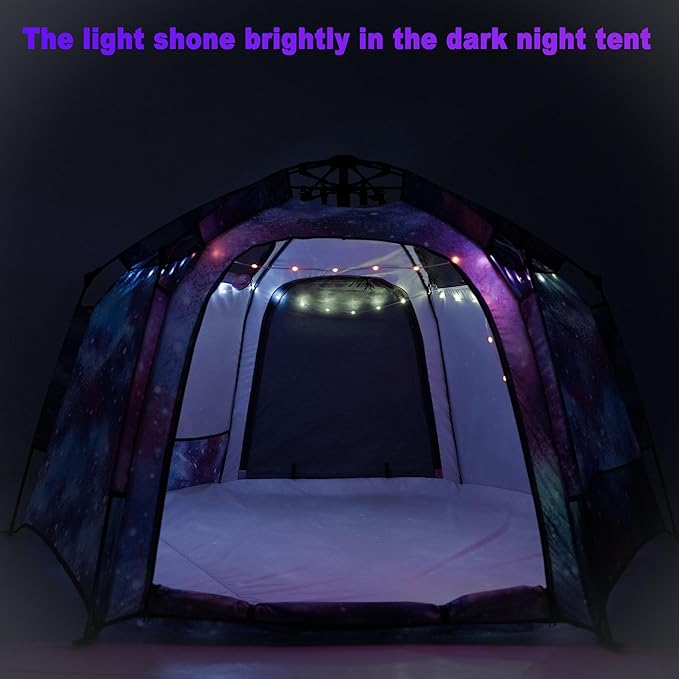 Portable Hexagon Kids Play Tent with LED Strip Lights Indoor Children Play House Easy Set-up Space Large Dream Tent for Night 4-5 Person & Birthday Gifts