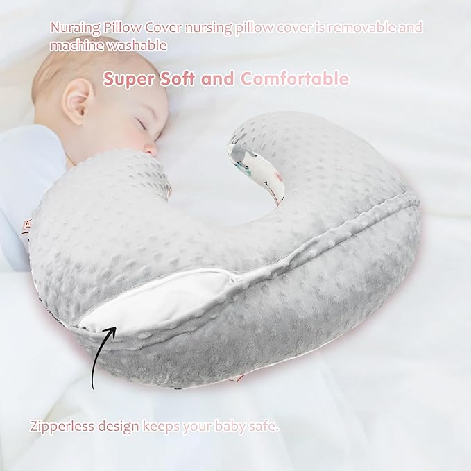 LAT Nursing Pillow for Breastfeeding with Removable Minky Cover,Ergonomic Breast Feeding Pillows for Mom and Baby,Machine Washable(Gray+Elephant)
