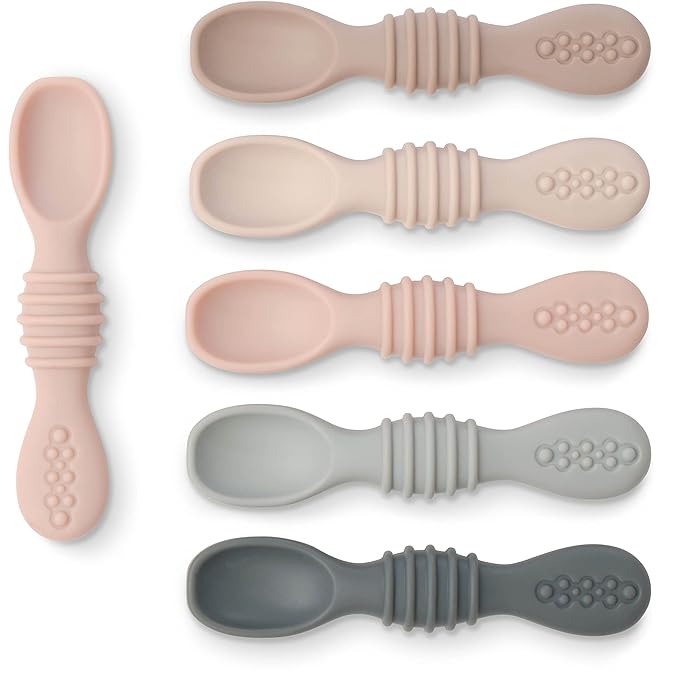 Simka Rose Silicone Baby Spoons Self Feeding (6 Pack)- First Stage Infant Spoons for Babies & Toddlers- Baby Led Weaning Shallow Spoons- Easy on Gums- 6 Months+ -Dishwasher Microwave Safe