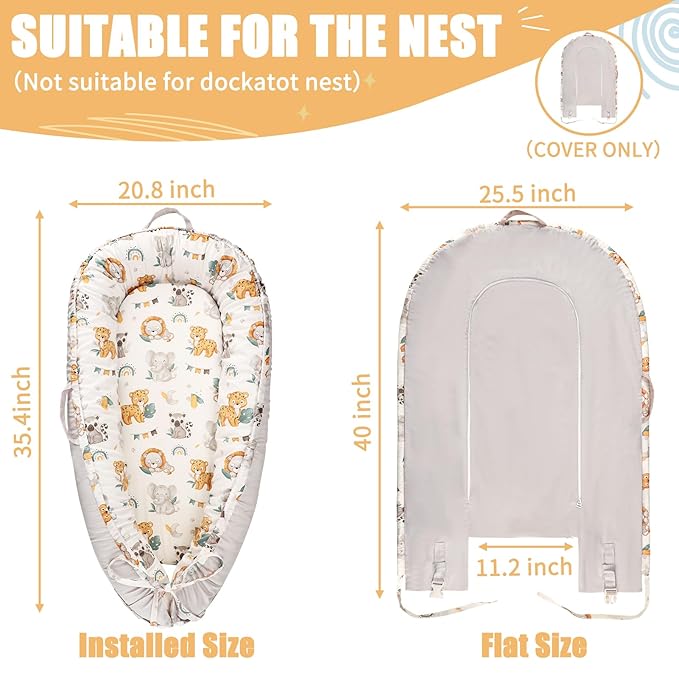 Baby Lounger Cover for Boys Girls, Reversible Baby Nest Cover, Adjustable Baby Lounger Replaceable Cover for Infant Newborn, Portable and Machine Washable, Cotton Gray Elephant Cover Only
